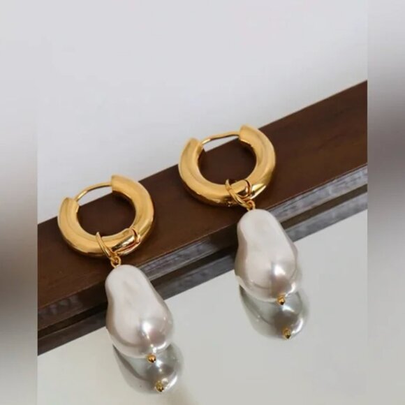 Gold Pearl Drop Earrings - Picture 3 of 8